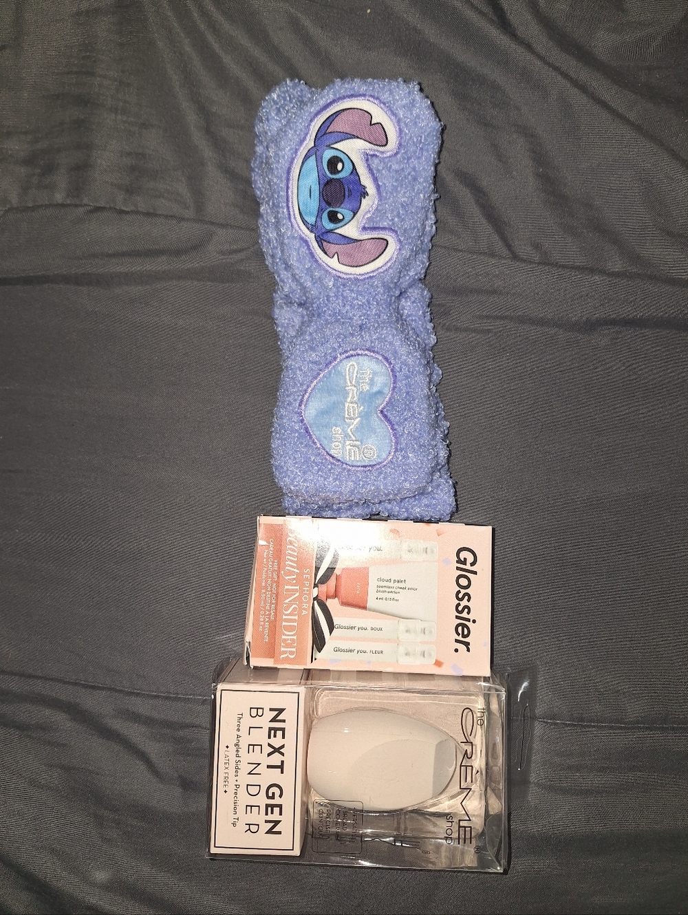 Glossier Beauty Set with Blue Stitch Stitch Headband and Makeup Sponge 3 Items